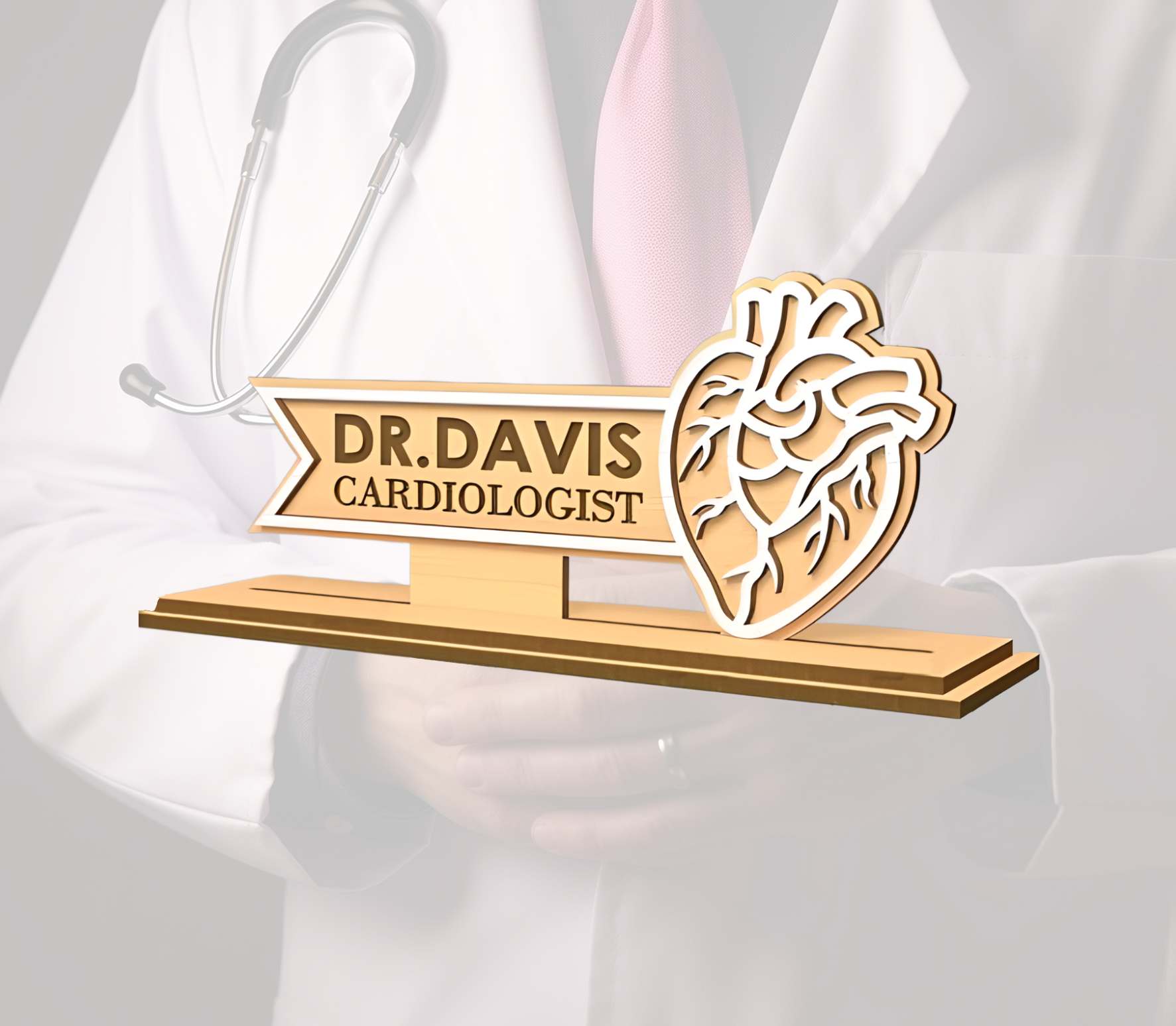 Personalized Doctors Desk Nameplate (White Acrylic, and Wood)