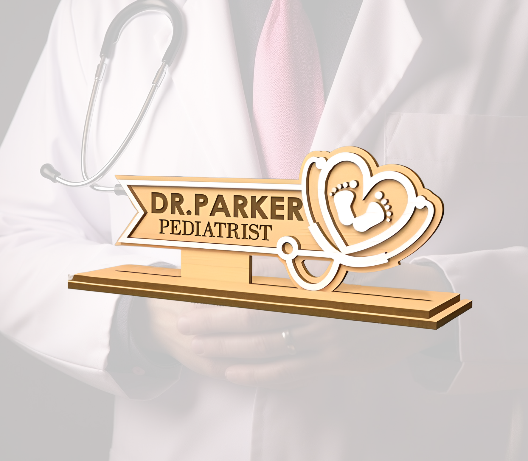 Personalized Doctors Desk Nameplate (White Acrylic, and Wood) - Image 7