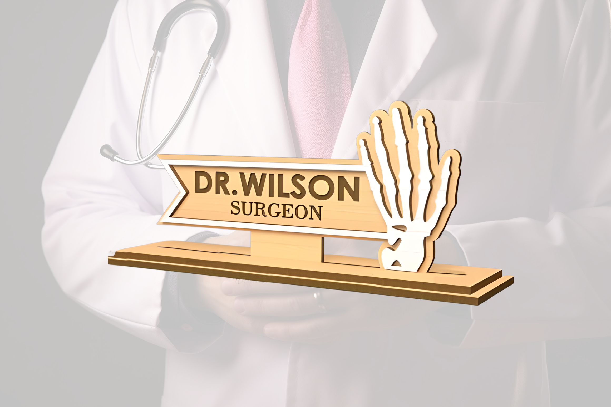 Personalized Doctors Desk Nameplate (White Acrylic, and Wood) - Image 4