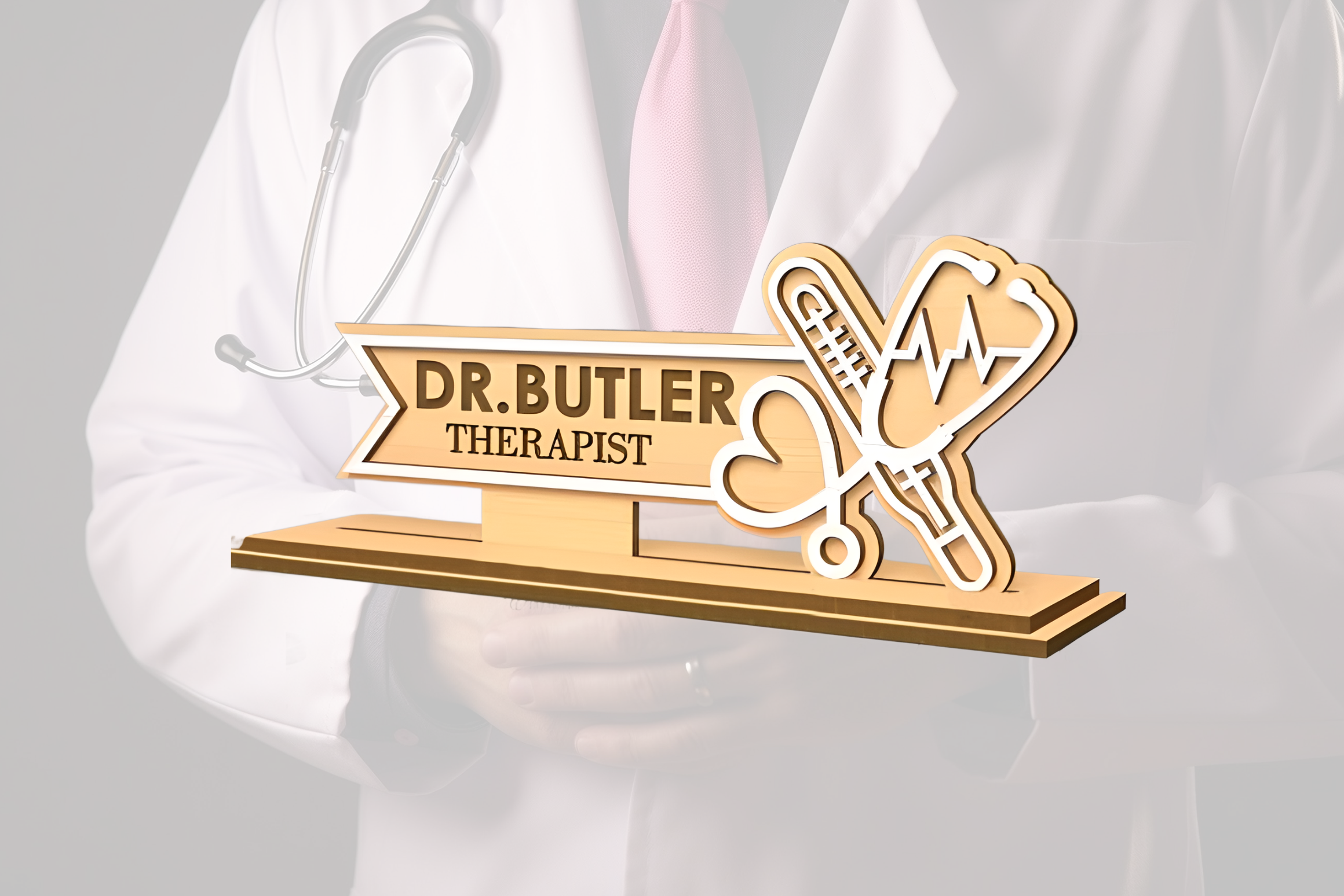 Personalized Doctors Desk Nameplate (White Acrylic, and Wood) - Image 3