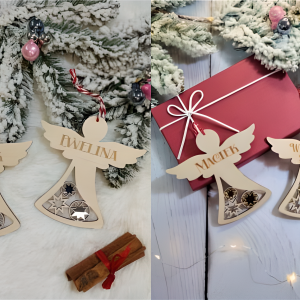 Personalised Christmas Baubles – Angel & Bell (Wood & Gold or Silver Mirror Acrylic)