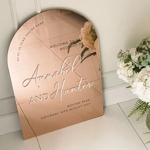 Dome Mirror Welcome Sign with White 3D Bride & Groom's Names