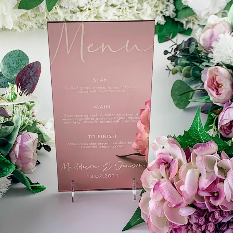 Personalized Rose Gold Mirror Wedding Menu