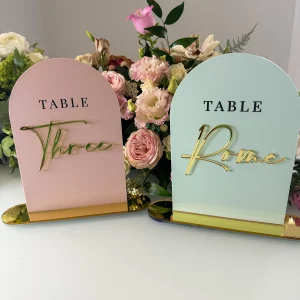 Pale White Wedding Table Names with Mirror Accents
