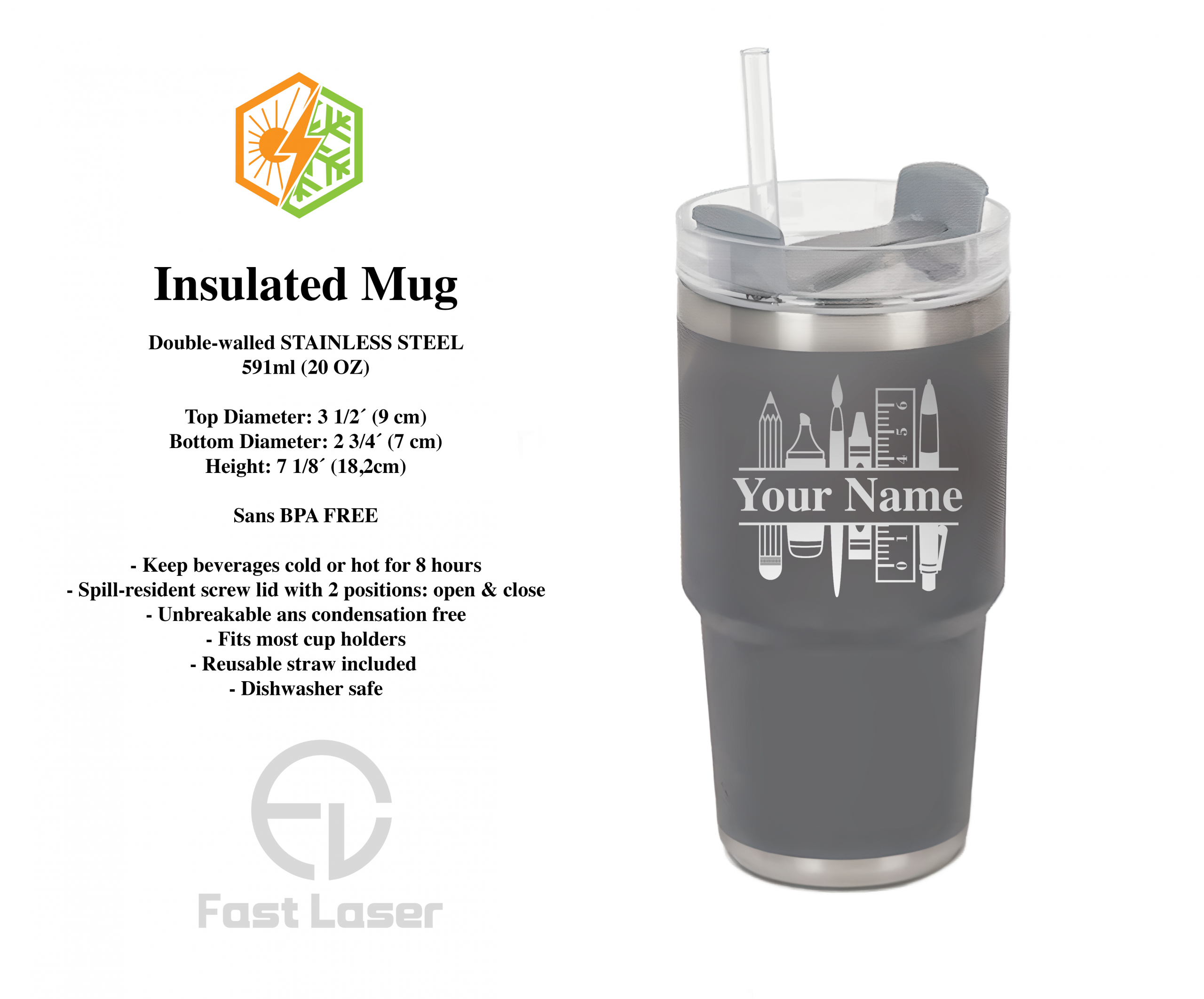 Personalized Insulated Stainless-Steel Mug – 591ml (20oz)