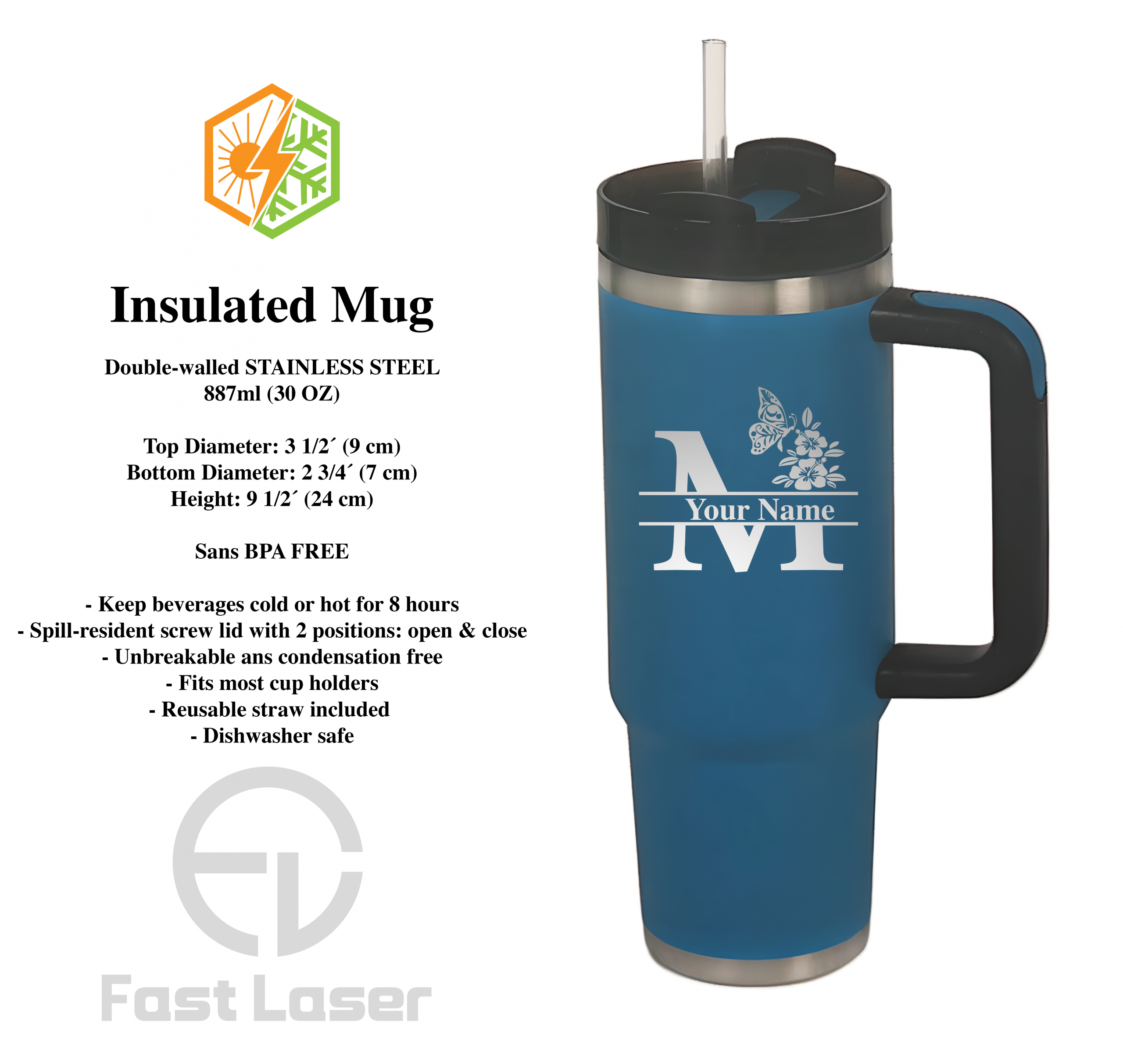 Personalized Insulated Stainless-Steel Mug – 887ml (30oz)